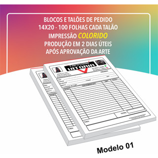 10 Talão Pedido 14x20 Cm - Impressão Colorida - 100 Folhas Brancas cada Talão - Personalizado