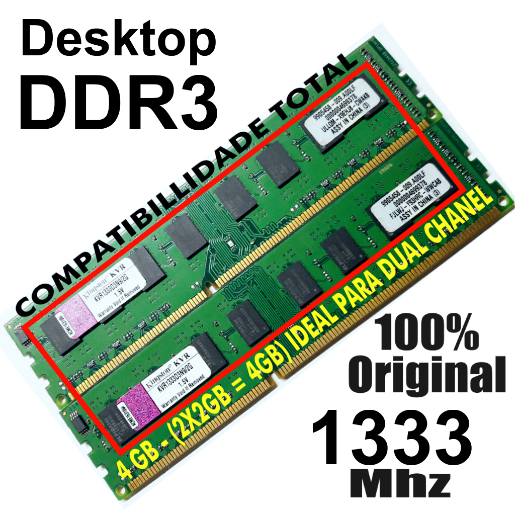 Memória Ram DDR3 4gb Kingston  (2x2gb=4GB) 1333mhz (todas Originais, idênticas e super compatíveis) Desktop.