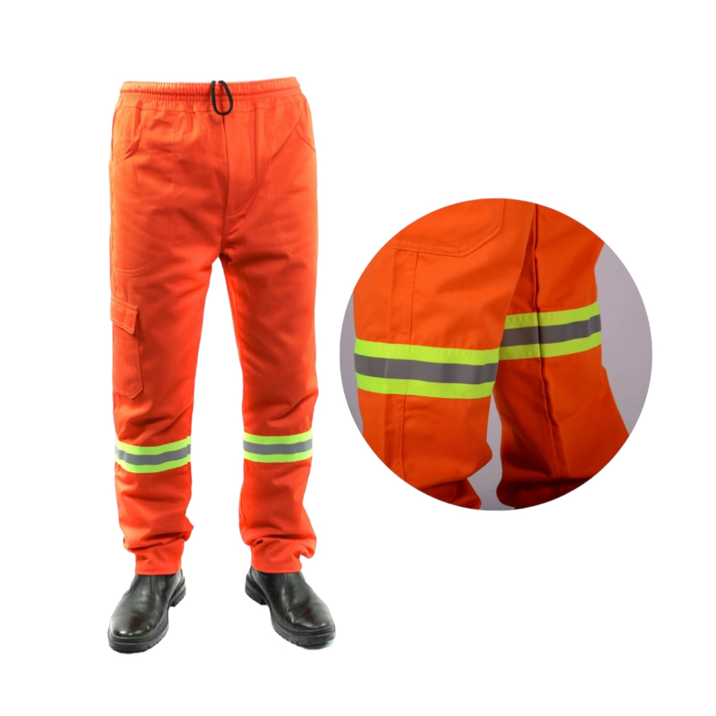 Calça Brim Trabalho Laranja FAIXA REFLETIVA Profissional