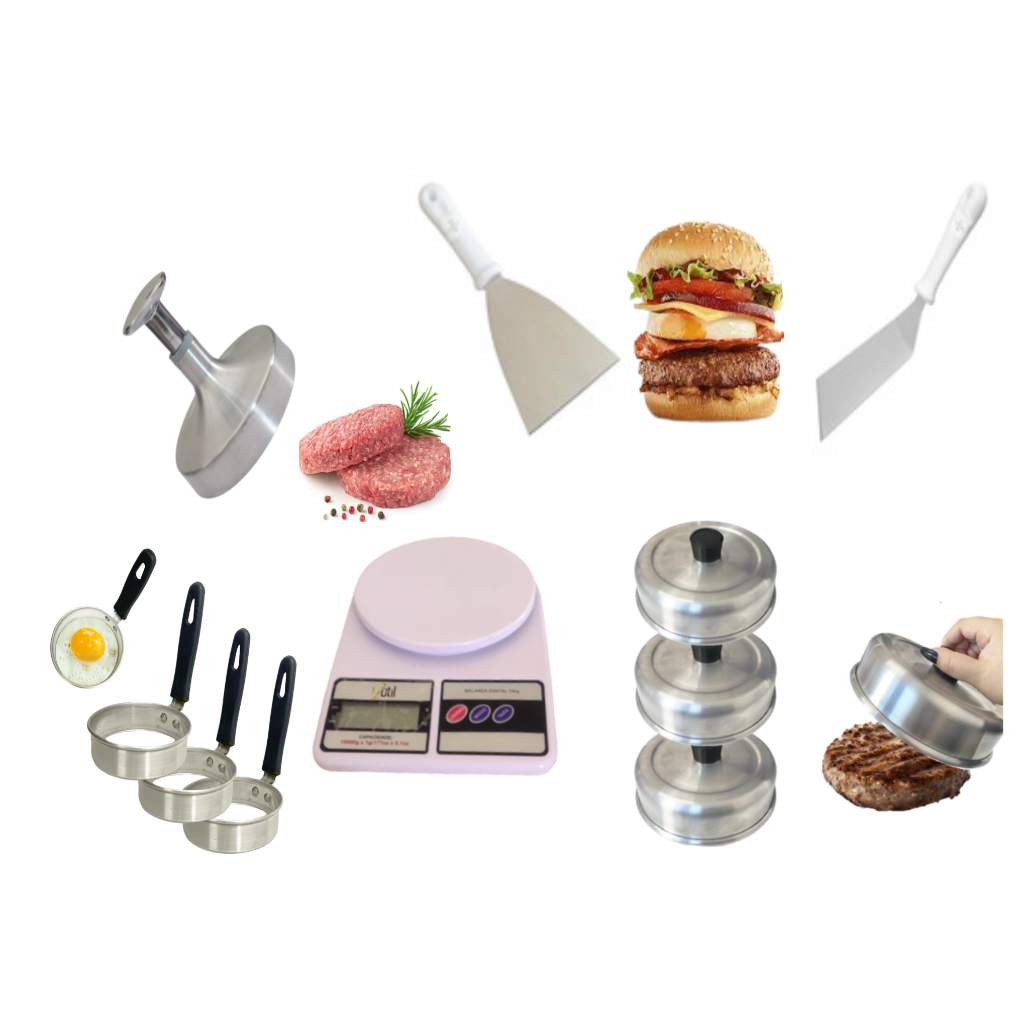 Kit Lanches Espátula Curva  e Reta , Abafador e Modelador para Hambúrguer e Aro Modelador de Ovo