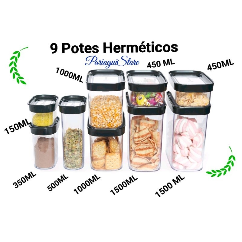 Conjunto de porta mantimentos para cozinha kit com 9 potes herméticos