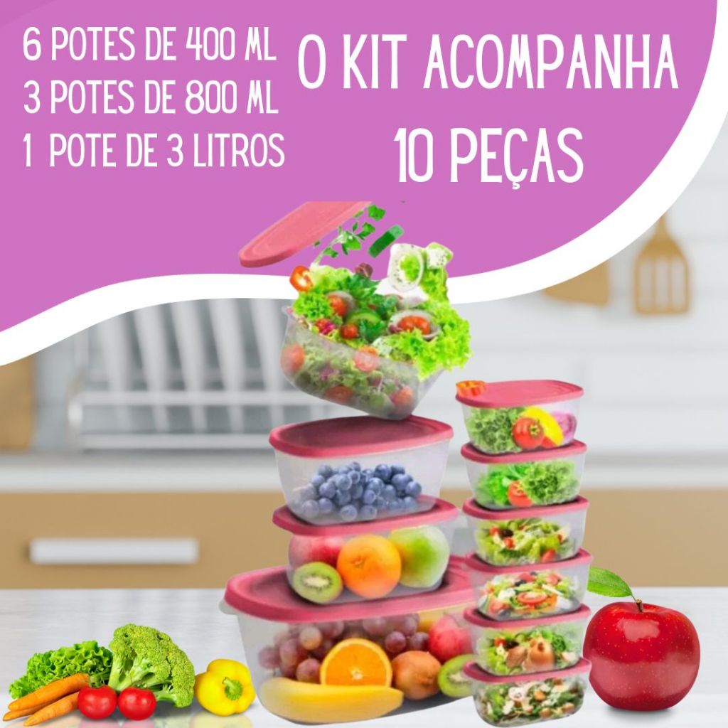 Conjunto de 10 POTES DE ALIMENTOS TRANSPARENTE FREZZER MICRO-ONDAS POTES LIVRES DE BPA DIETA ORGANIZAÇÃO NA COZINHA ATACADO ENVIO IMEDIATO