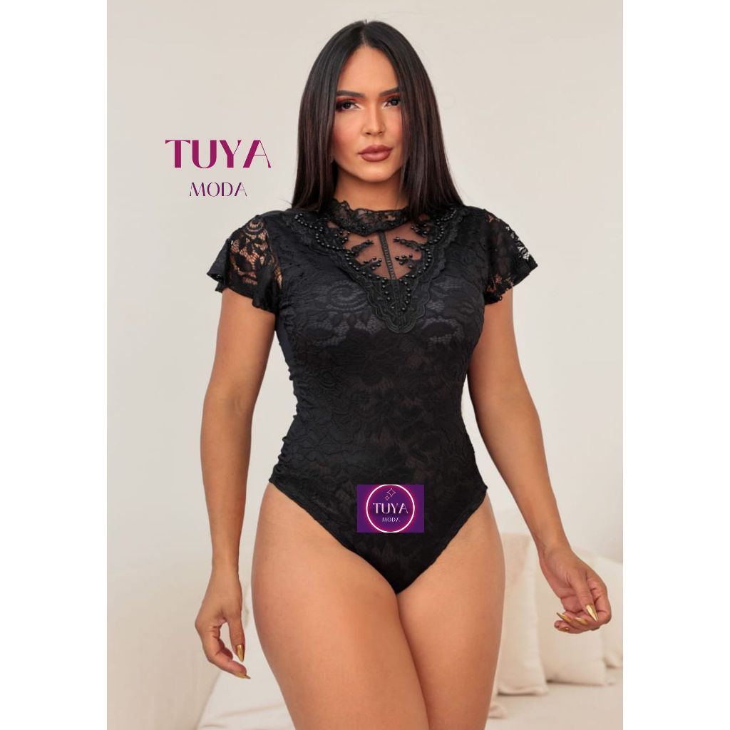 Body feminino Renda Guipir Com Pérola pedraria manga Curta moda feminina