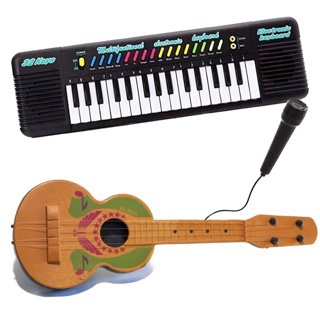 Kit Piano Teclado Musical Violão Infantil Com Microfone Viola Brinquedos em Oferta na Shopee