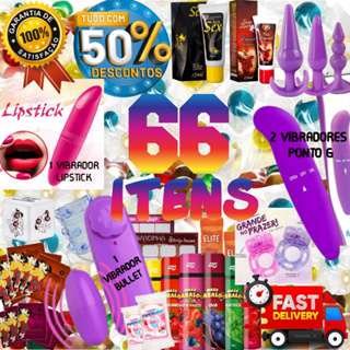 Kit Erotico 66 Itens Sex Shop com plug anal + vibradores + geis de massagem + beijaveis + comestiveis + anais + Dedeira + Lubrificante