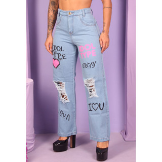 Calça feminina Wide leg jeans estampada com letrinhas e desenhod pantalona cintura alta moda blogueira premium