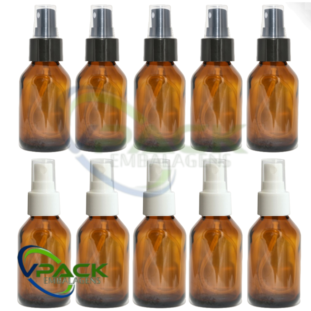 kit 5 Frascos De Vidro Âmbar 60ML Com Válvula Spray Preta ou Branca em Oferta na Shopee