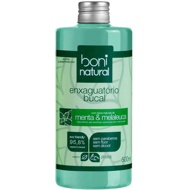 Enxaguante Bucal Sem Flúor 500ml Menta e Melaleuca Enxaguatório Vegano Boni Natural