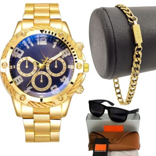 Relógio De aço Dourado Masculino + pulseira 18k + Óculos Premium Mega promoção final de ano