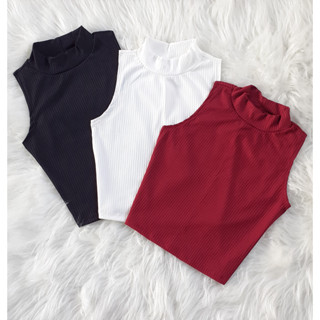 Kit 3 Cropped Feminino Gola Alta Malha Canelada Regata