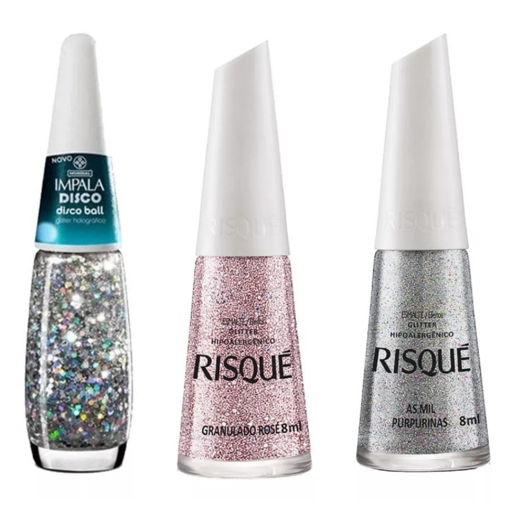 Kit 3 Esmalte de Unha Glitter Risque e Impala (Disco Ball, Granulado Rose e As Mil Purpurinas)