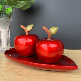 Kit Dupla de Maçãs com Base em Cerâmica - Centro de Mesa Enfeites Decorativos para Sala