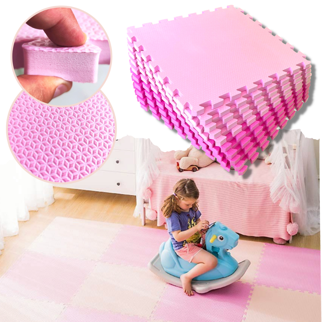 Kit 12 Tapete para Bebe Piso EVA Infantil Grosso 20mm Tapete Yoga Emborrachado 50x50 Tatame Tons de Rosa com 3m² + 24 Bordas