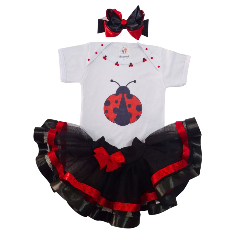 Conjunto Tutu Joaninha Bebê Menina Mesversário Roupa Festa Fantasia Infantil Menina Aniversário Body, Saia e Laço
