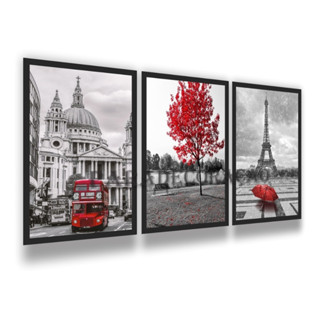 Kit Grande 3 Placas Quadros Decorativos Mosaico Londres Árvore Da Vida Vermelha Paris Torre Eiffel Para Sala Quarto Escritório