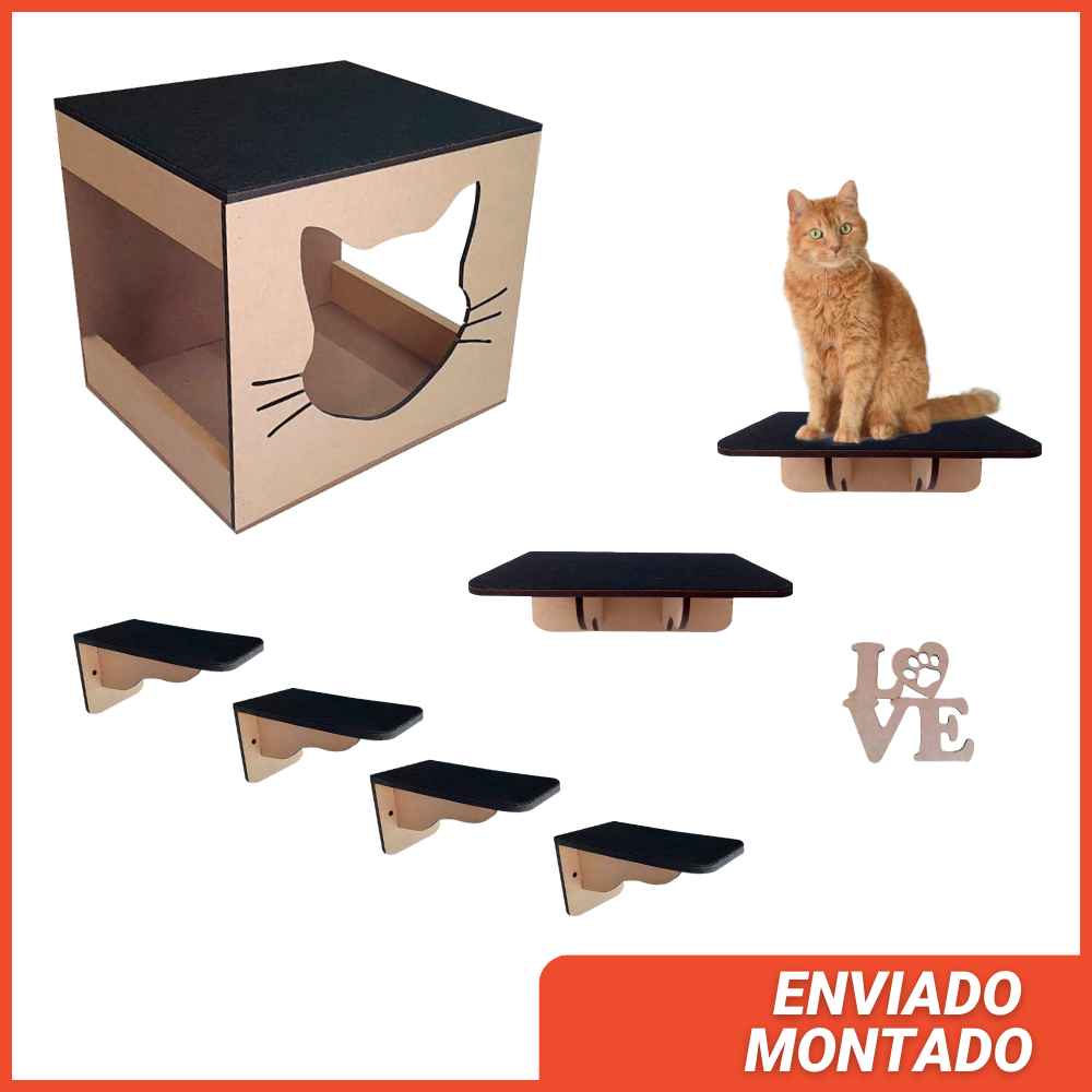 Playground Para Gato 7 Pcs Montado e Resistente Em Mdf Com Carpete Prateleira Degrau Caixa nicho em Oferta na Shopee