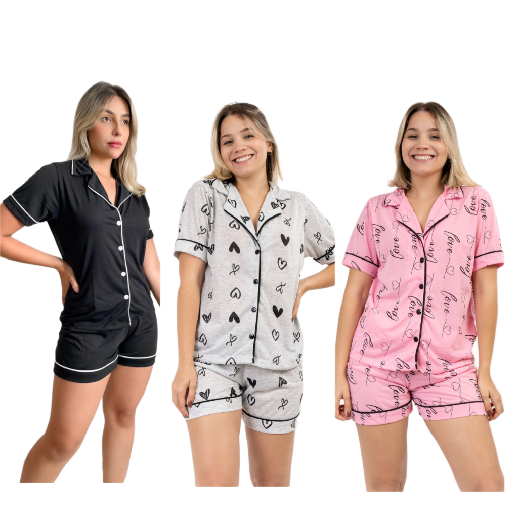 Kit 3 conjuntos Pijama americano Short doll Amamentação Com abertura de Botões Blogueira Malha Verão em Oferta na Shopee
