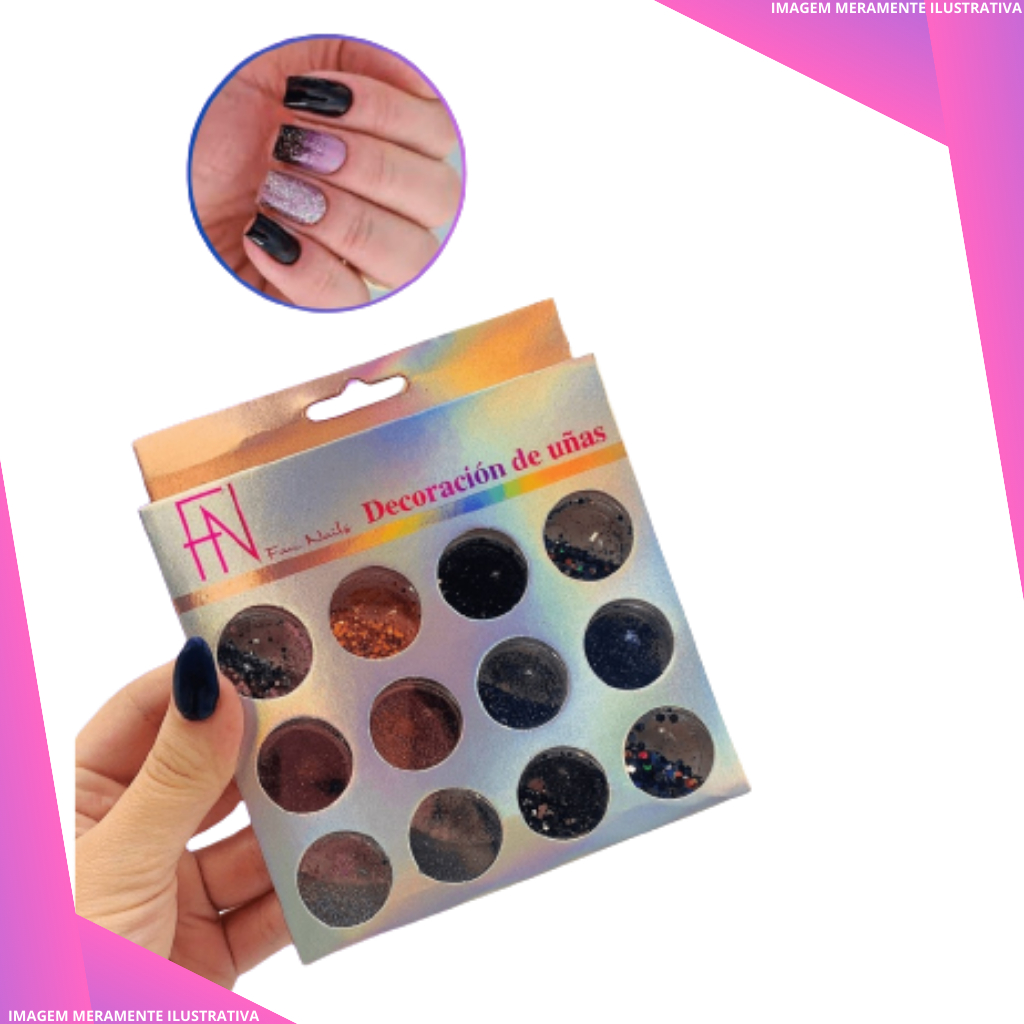 Kit com 12 Glitter Glamour Elegantes Para Decoração de Unhas Tons Escuros