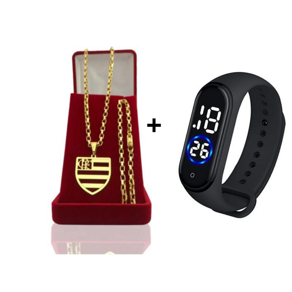 Corrente Masculina Tijolinho 3mm Com Pulseira Pingente de Time Banhado a Ouro + Relógio Digital Prova Dagua