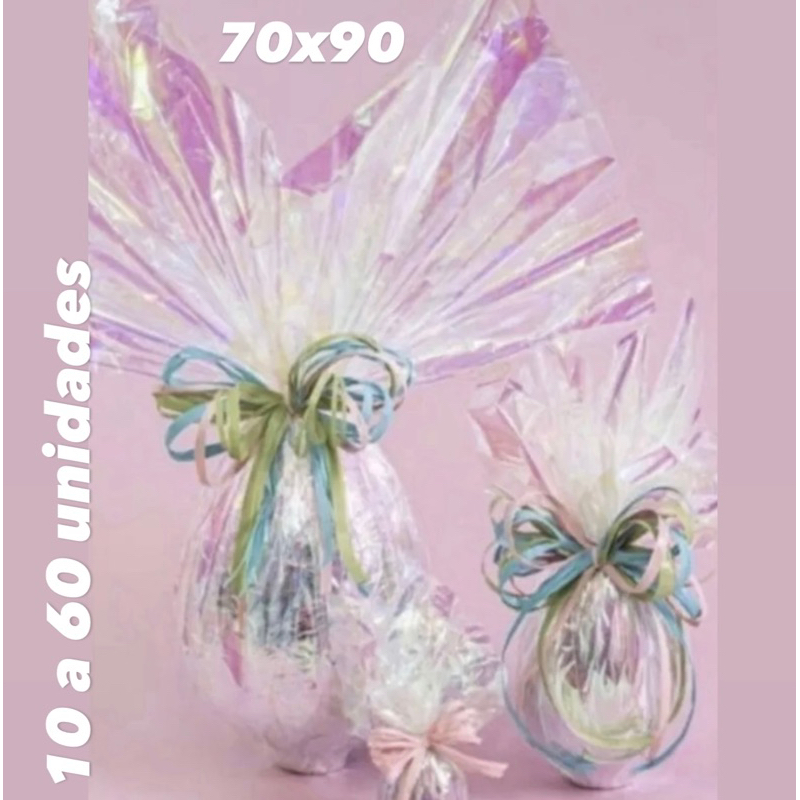 Kit Embalagem folha de ovo de Páscoa nacarado furta-cor 70x90 cm