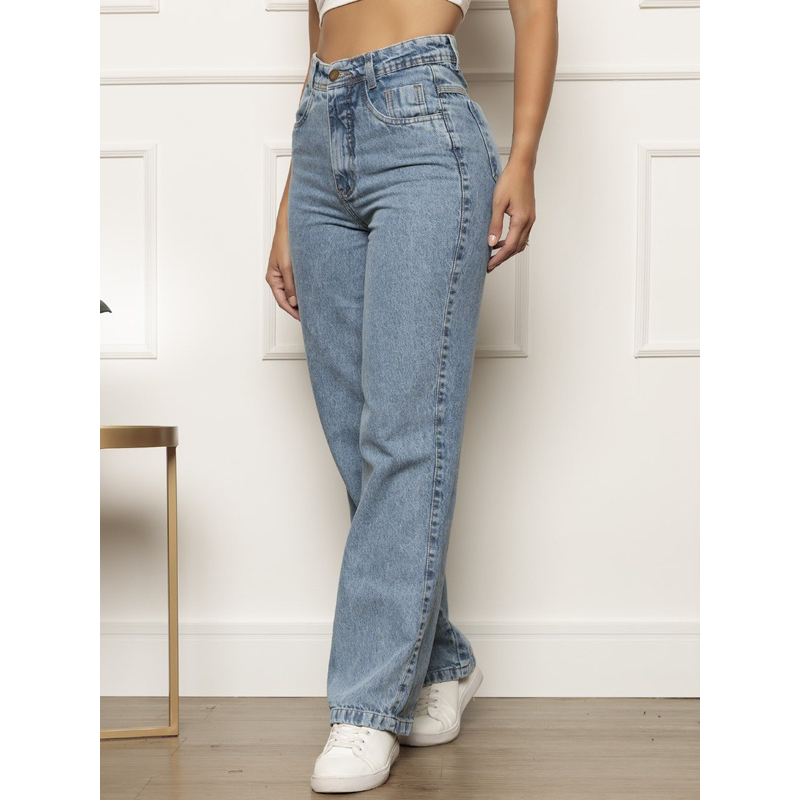 Calça Jeans Feminina Wide Leg Pantalona sem Lycra Marmorizada Cintura Alta Pantalona Boca Larga