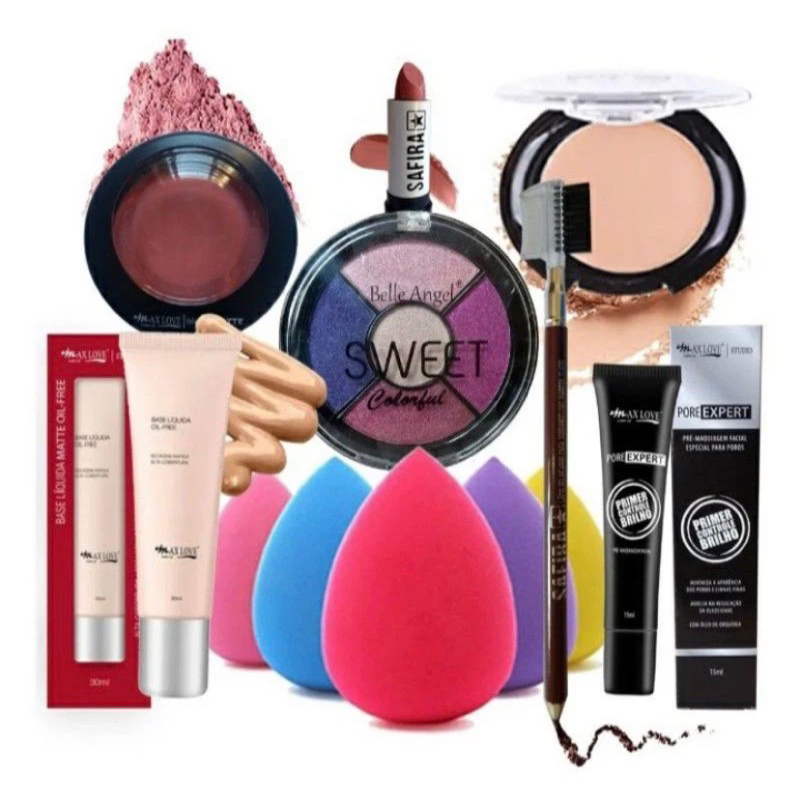 Kit de Maquiagem e Beleza Básico 4 itens Base, Pó Compacto, Lápis e Batom