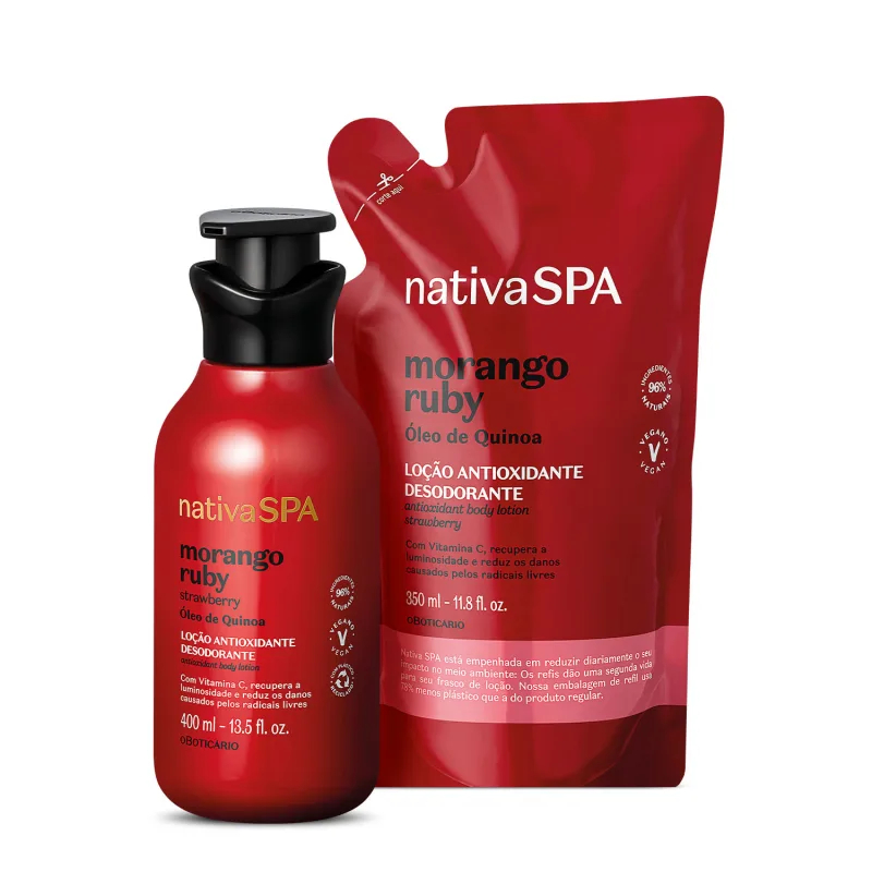 Combo Nativa SPA: Loção Antioxidante Corporal Morango Ruby 400ml + Refil Loção Hidratante Corporal Ameixa 400ml