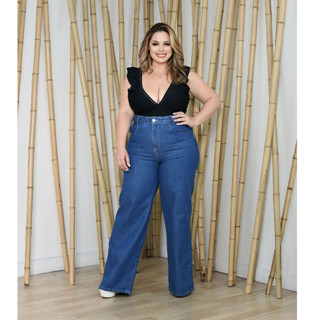 Calça Jeans Wide Leg Plus Size Feminina Escura