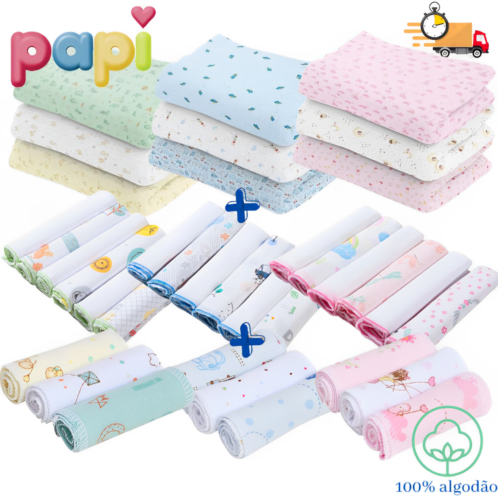 Kit 12 Peças Enxoval bebe – 3 Cueiros Flanelados Estampados + 6 Pano de Boca + 3 Faixa Umbilical. em Oferta na Shopee