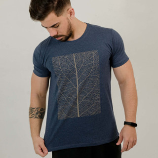 Camiseta Masculina Estampada Folha Nervuras Gola Redonda em Malha de Algodão Premium