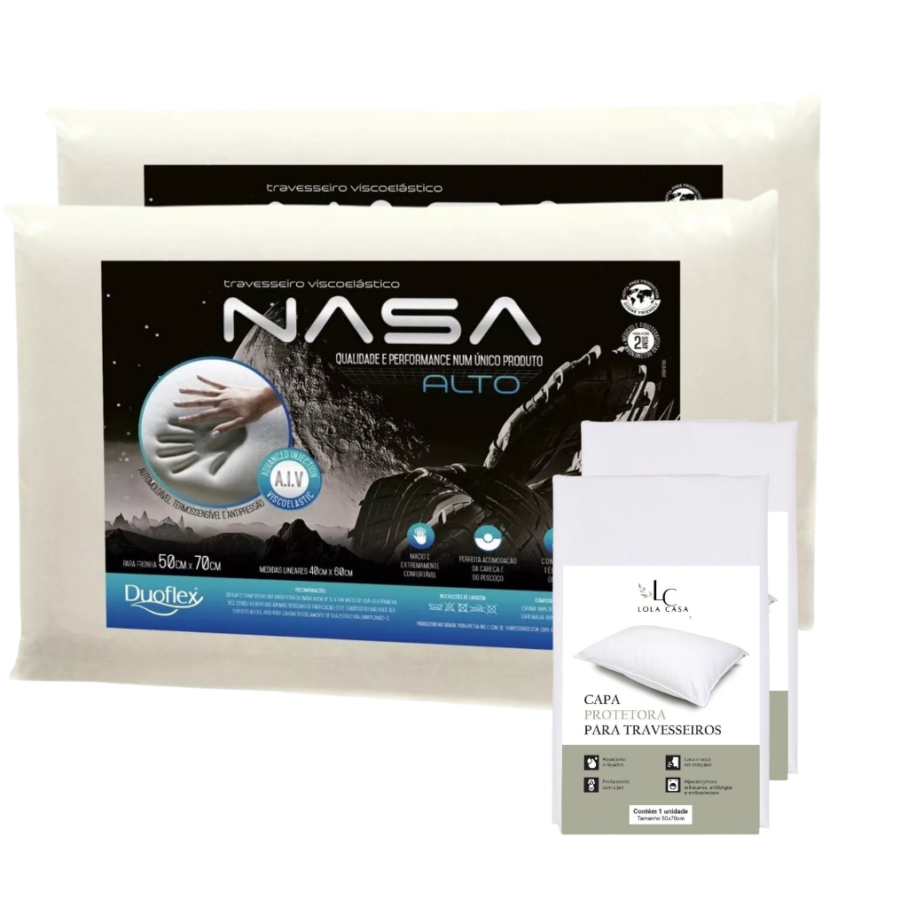 Kit 2 Travesseiro Nasa-X Alto Duoflex Viscoelástico Antialérgico com Capa Impermeável Não Faz Barulho