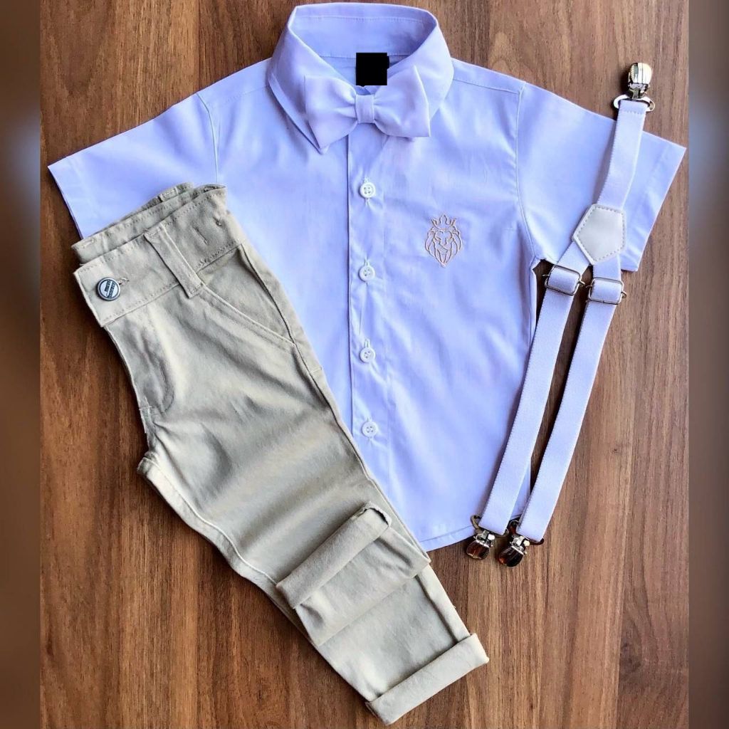 Roupa Menino Infantil Camisa Manga Curta Branco Calça Color Bege Suspensório e Gravata Branco