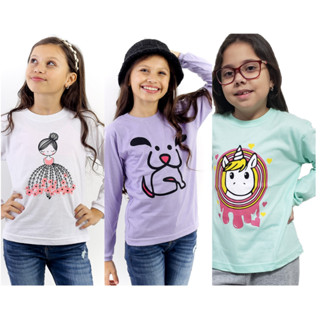 Kit 04 Camisetas Infantil Menina Manga Longa