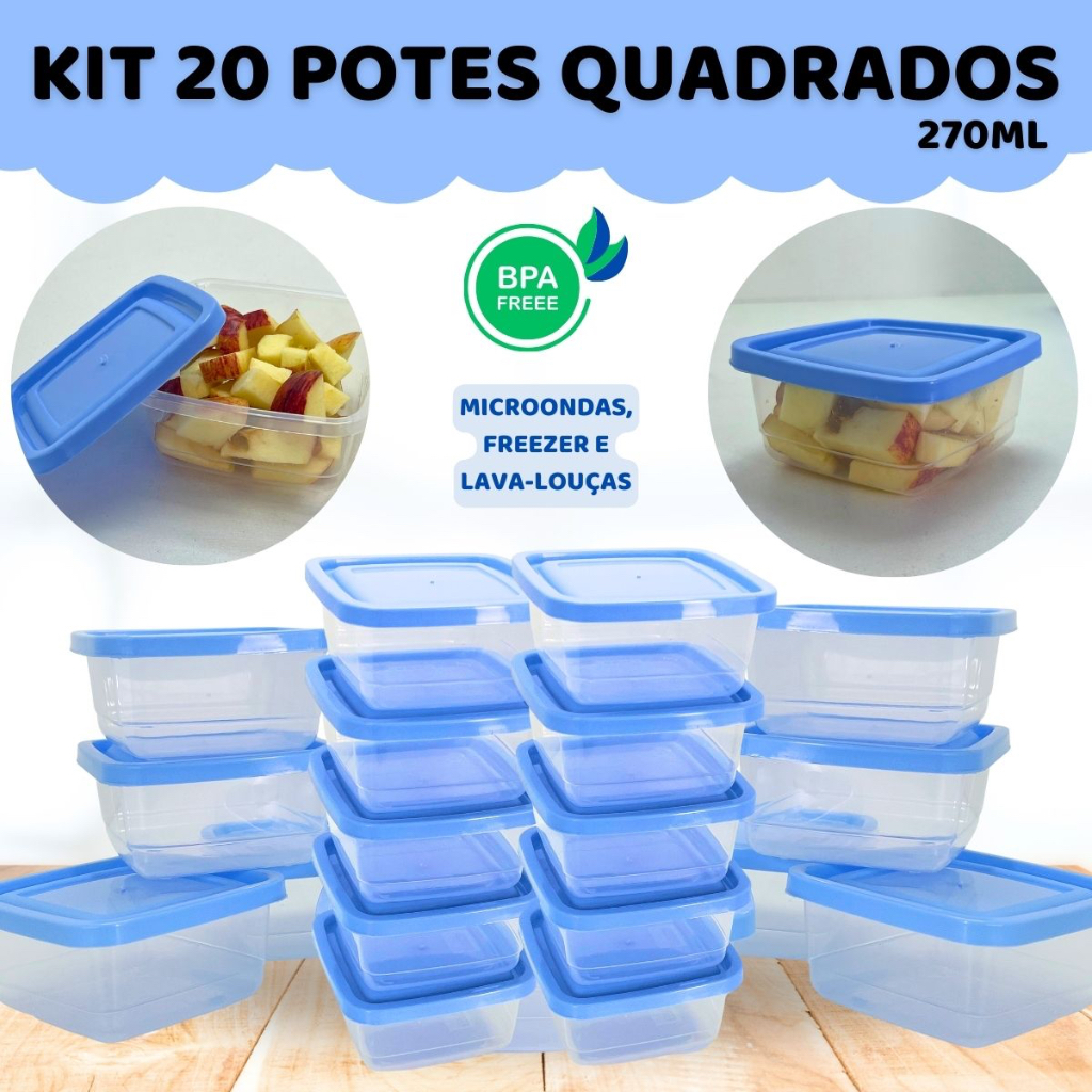 Kit 20 Potes Quadrados Marmita Vasilha Plástica Porta fruta Marmitinha Salada Potinho Lanche Snack Resistente para Armazenamento Utensílios para Casa/cozinha