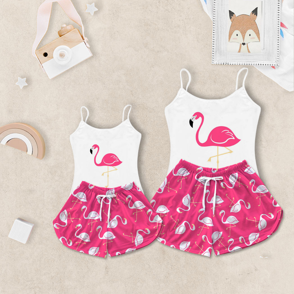 Conjunto Kit Tal Mãe e Filha Pijama Feminino Estampa Flamingo