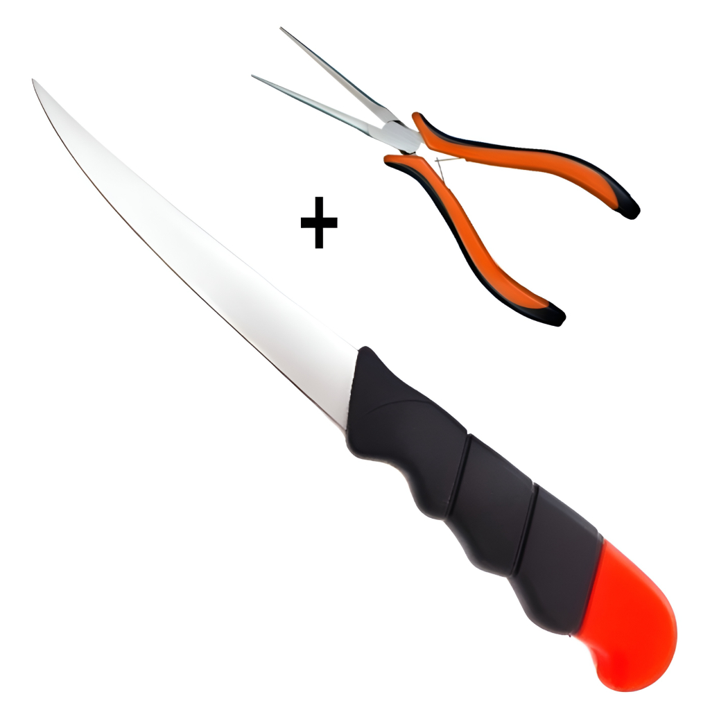 Faca Inox Fileteira Flutuante 5 pol Tira Filé Peixe Bainha Pesca Camping + Alicate Bico Longo Tira Anzol Xingu