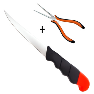 Faca Inox Fileteira Flutuante 5 pol Tira Filé Peixe Bainha Pesca Camping + Alicate Bico Longo Tira Anzol Xingu em Oferta na Shopee