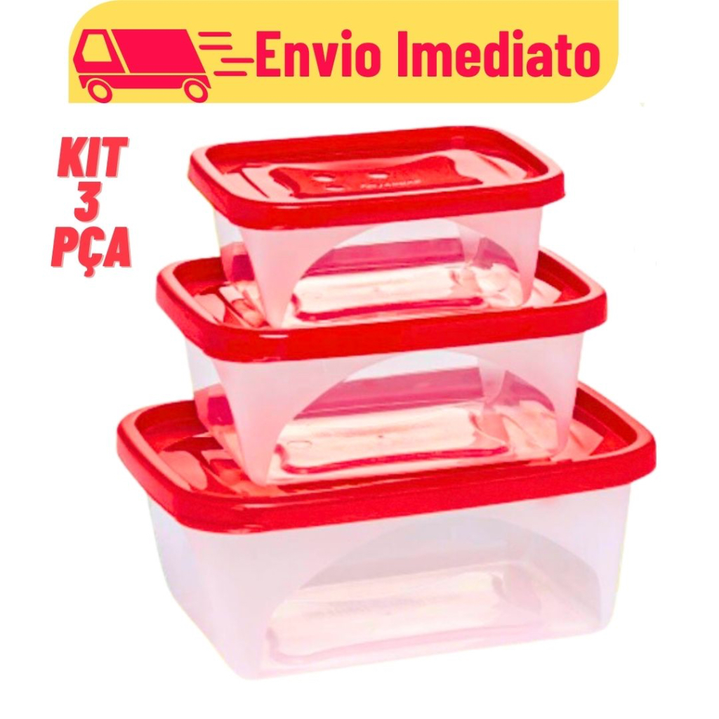 Pote de Plástico com Tampa Kit 3 peças  Papinha Lanchinho Bebe Kids Multiuso Jaguar Utilidades Promoção
