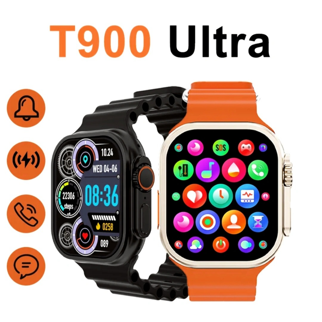 Smartwatch T900 Ultra com sua tela gigante de 2.09 polegadas, diversos censores, monitoramento de atividades físicas e carregamento por indução.
