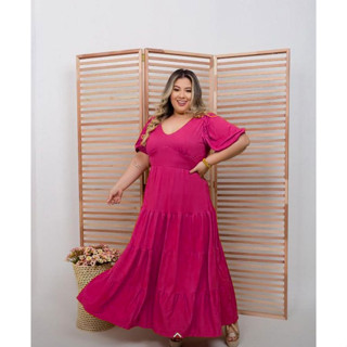 Vestido Longo decote V Plus Size Moda Evangélica