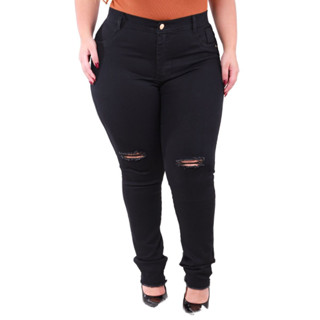 Calça Jeans PLUSIZE Preta Feminina com Rasgos no Joelho