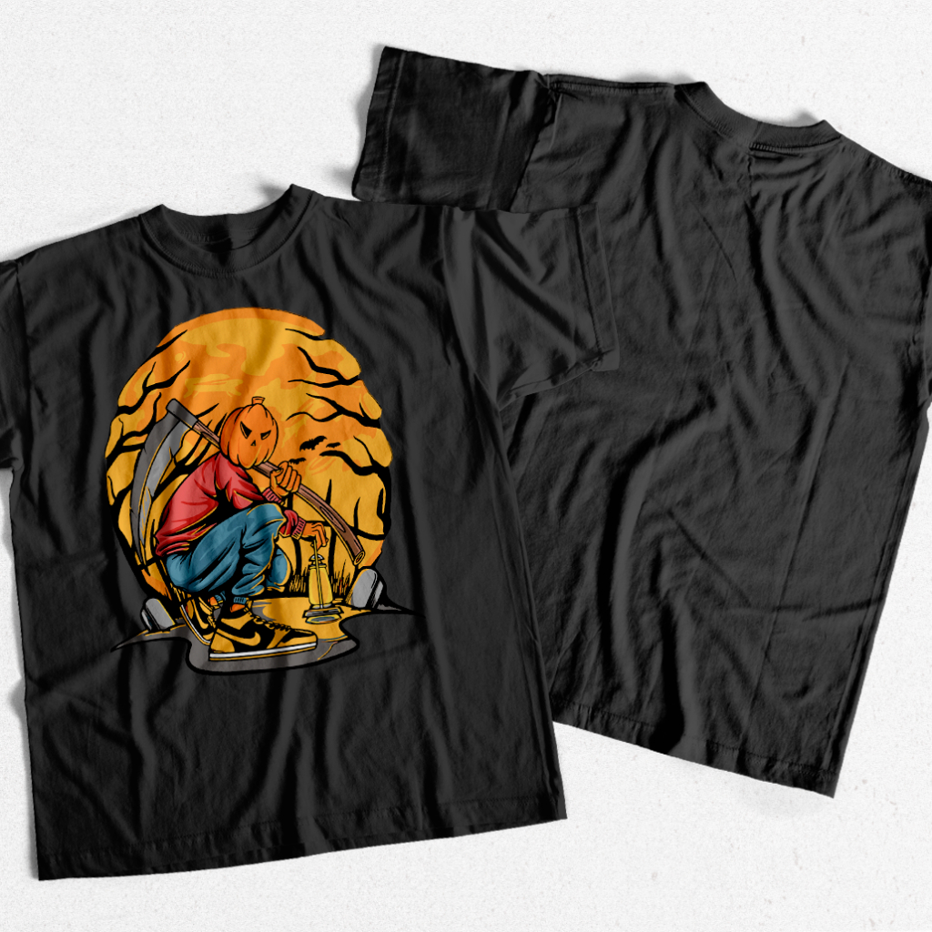 Lançamento Camisa Preta Cabeça de Abobora  Pumpkin Head Camiseta Unissex Camisa   Lançamento Camiseta