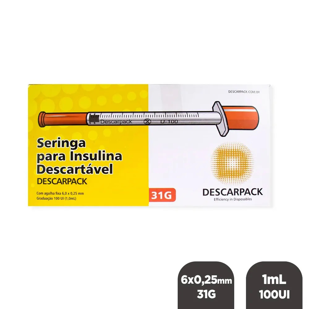 SERINGA DESCARTÁVEL PARA INSULINA 6 x 0.25 31 G 1 ML 100 UI COM 50 UNIDADES DESCARPACK em Oferta na Shopee
