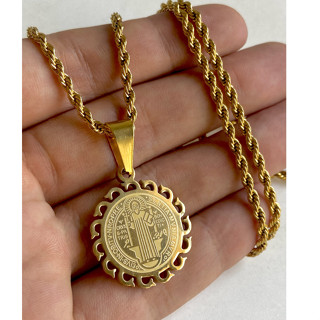Corrente Masculina Medalha de São Bento de Dois Lados Aço Inoxidável 316L Dourada