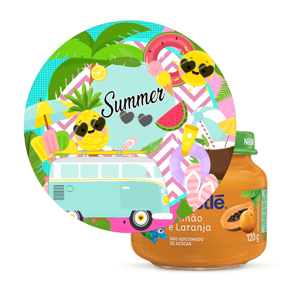10 Adesivos para Tampa Papinha 5cm Tropical Summer - Pronto para Aplicação, Decoração Festa Aniversário, Lembrancinhas tema Praia, Tropical, Festa na Piscina, Pool Party, Frutas, tema Hawai, Tema Praiano.
