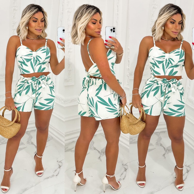 CONJUNTO DE CROPPED E SHORT ESTAMPADO E CORES LISAS, MODA FEMININA em Oferta na Shopee