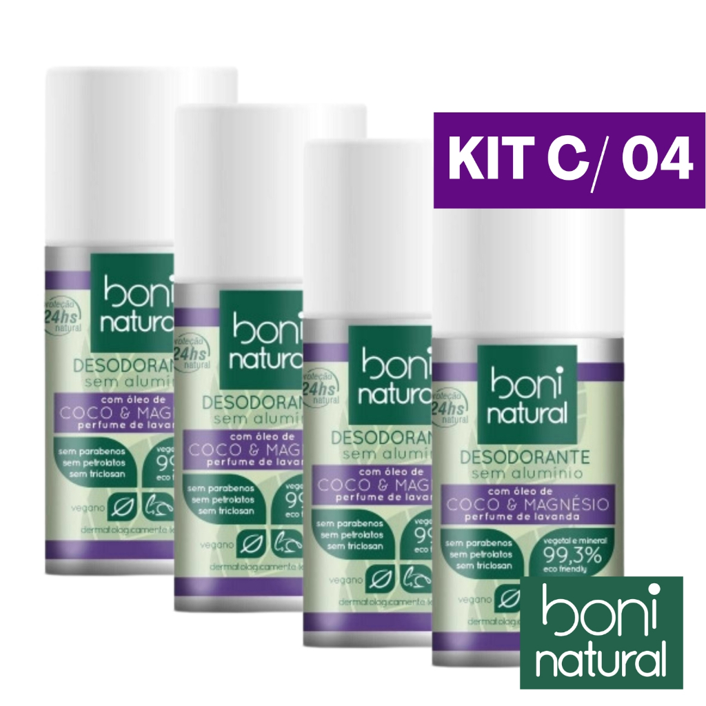 Kit 4 Desodorante Roll On Sem Aluminio Aroma Lavanda Vegetal 55ml Boni Natural