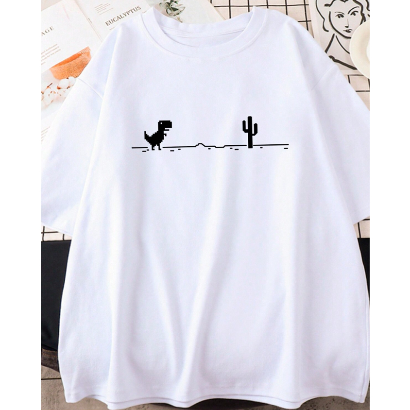 Camiseta Dino Internet Pixel Retro Oversized Long Line Manga Curta Básica