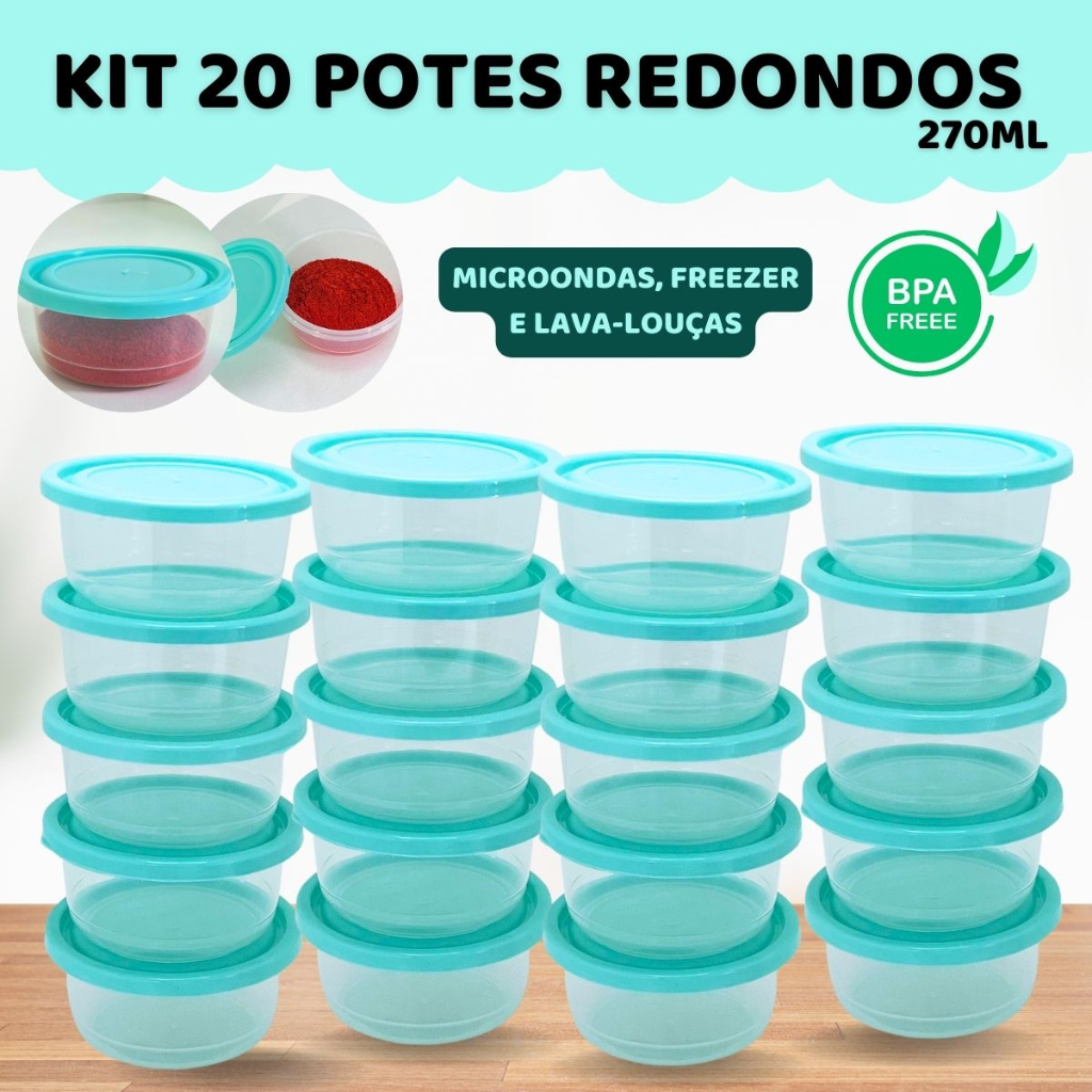 Kit 20 Potes Redondos Plástico Resistente Marmita Vasilha Plástica Porta fruta Marmitinha Salada Conjunto Potinho Lanche Snack Mantimento Geladeira Utensilios Para Casa/Cozinha