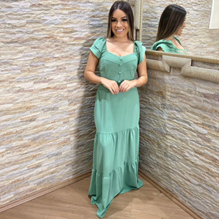 Vestido Longo tecido Duna forrado moda feminina babado nas mangas com Friso